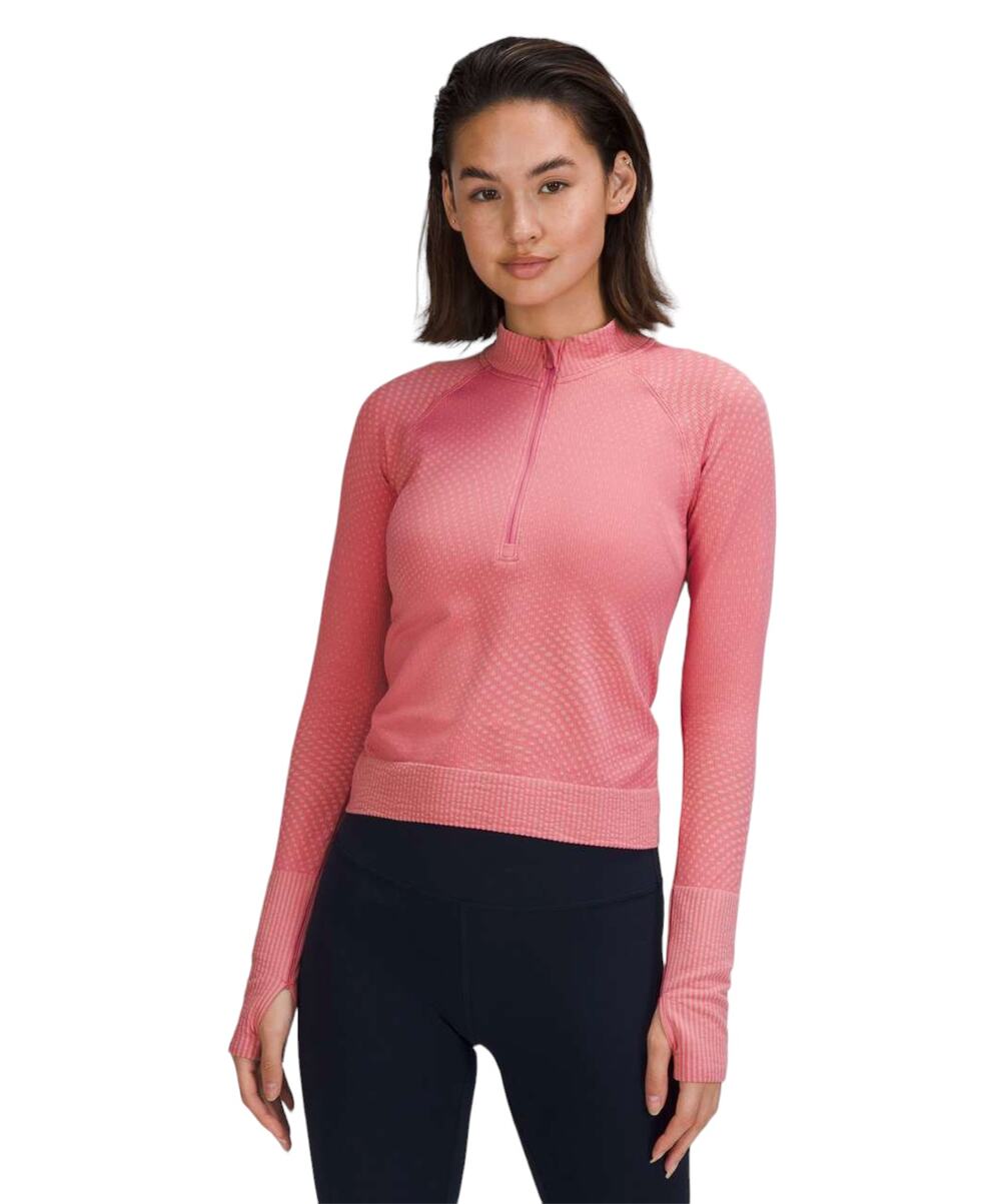 Lululemon Pink Blossom Grid Warp Sugar Pink Rest Less Cropped Half Zip Top